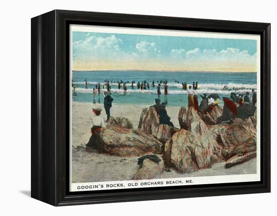 Old Orchard Beach, Maine - Googin's Rocks Scene-Lantern Press-Framed Stretched Canvas