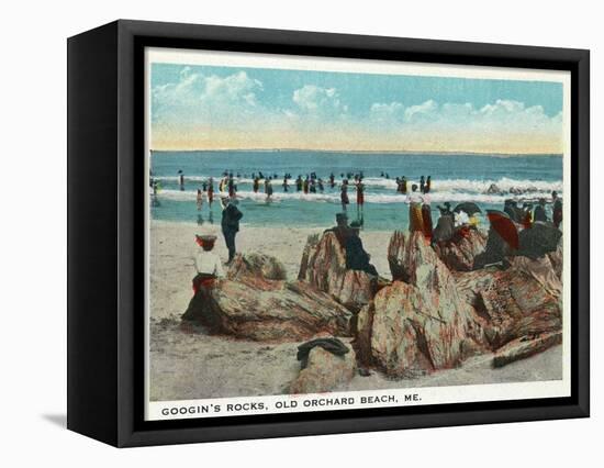 Old Orchard Beach, Maine - Googin's Rocks Scene-Lantern Press-Framed Stretched Canvas