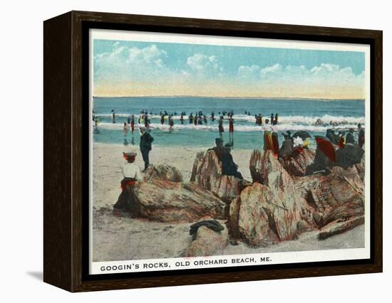 Old Orchard Beach, Maine - Googin's Rocks Scene-Lantern Press-Framed Stretched Canvas