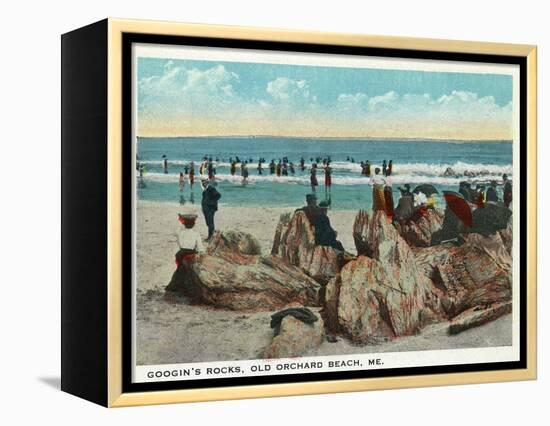 Old Orchard Beach, Maine - Googin's Rocks Scene-Lantern Press-Framed Stretched Canvas