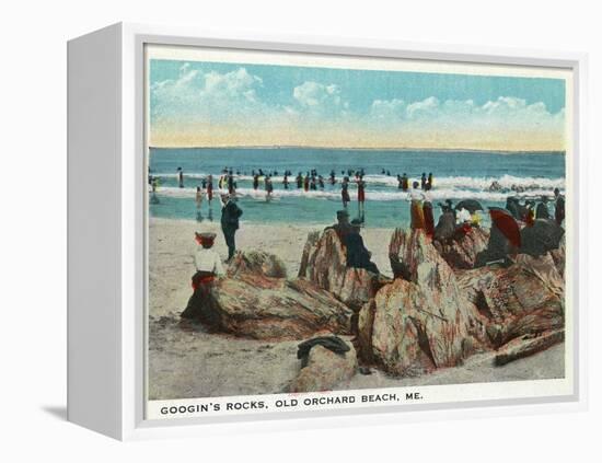 Old Orchard Beach, Maine - Googin's Rocks Scene-Lantern Press-Framed Stretched Canvas