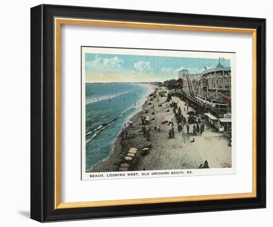 Old Orchard Beach, Maine - West View of Beach-Lantern Press-Framed Premium Giclee Print