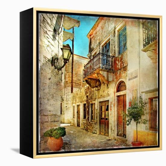 Old Pictorial Streets Of Greece - Artistic Picture-Maugli-l-Framed Stretched Canvas