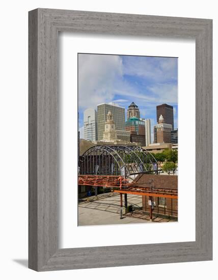 Old Railroad Station framing view of Des Moines skyline, capital of Iowa-null-Framed Photographic Print