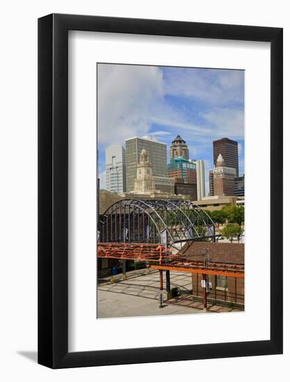 Old Railroad Station framing view of Des Moines skyline, capital of Iowa-null-Framed Photographic Print
