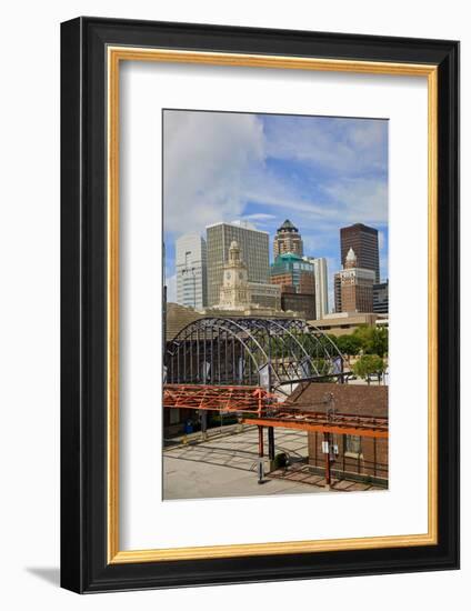 Old Railroad Station framing view of Des Moines skyline, capital of Iowa-null-Framed Photographic Print