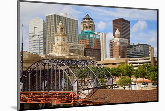 Old Railroad Station framing view of Des Moines skyline, capital of Iowa-null-Mounted Photographic Print