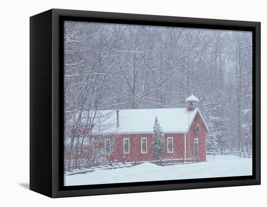 Old Red Schoolhouse and Forest in Snowfall at Christmastime, Michigan, USA-Mark Carlson-Framed Premier Image Canvas