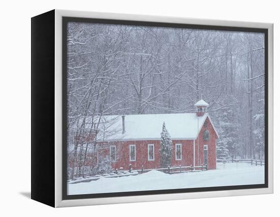 Old Red Schoolhouse and Forest in Snowfall at Christmastime, Michigan, USA-Mark Carlson-Framed Premier Image Canvas