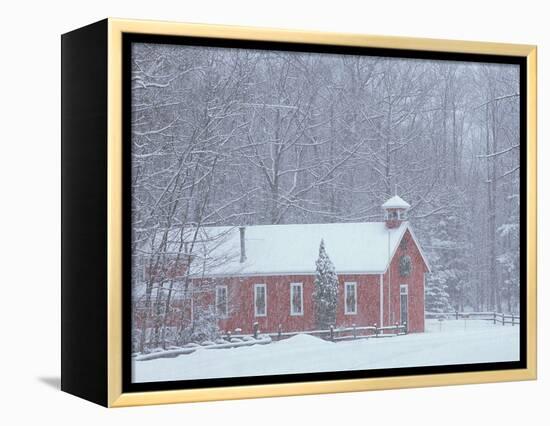 Old Red Schoolhouse and Forest in Snowfall at Christmastime, Michigan, USA-Mark Carlson-Framed Premier Image Canvas