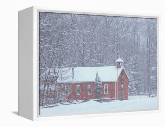 Old Red Schoolhouse and Forest in Snowfall at Christmastime, Michigan, USA-Mark Carlson-Framed Premier Image Canvas