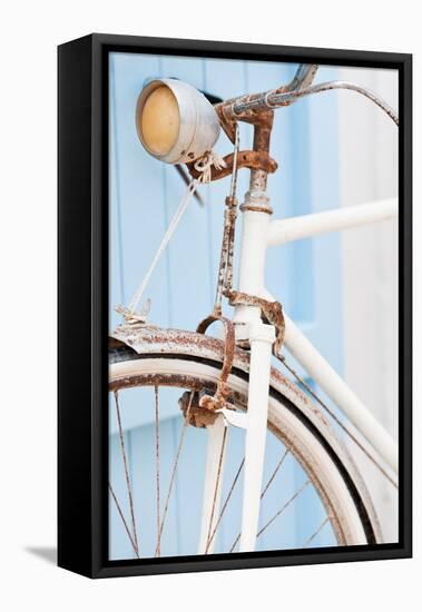 Old Rusty Bicycle Leaning against Blue Door. Formentera Island. Spain. Shallow Deep of Focus.-el lobo-Framed Premier Image Canvas