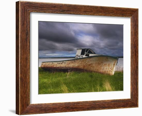 Old Rusty Lobster Boat on a Grassy Bank by the Ocean in Nova Scotia-Frances Gallogly-Framed Photographic Print