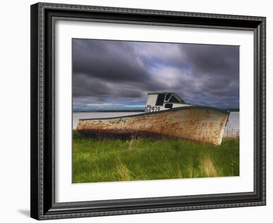 Old Rusty Lobster Boat on a Grassy Bank by the Ocean in Nova Scotia-Frances Gallogly-Framed Photographic Print