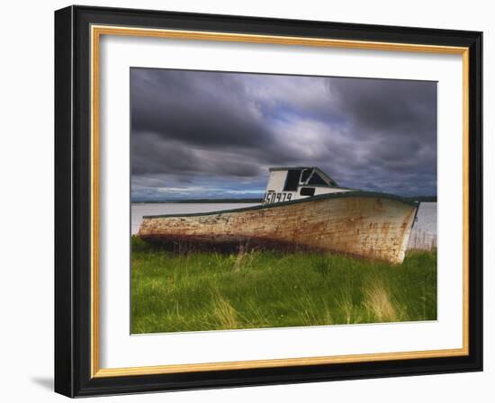 Old Rusty Lobster Boat on a Grassy Bank by the Ocean in Nova Scotia-Frances Gallogly-Framed Photographic Print