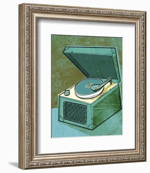Old School Record Player in Aqua-John W^ Golden-Framed Art Print