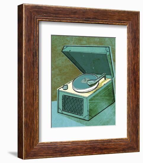 Old School Record Player in Aqua-John W^ Golden-Framed Art Print