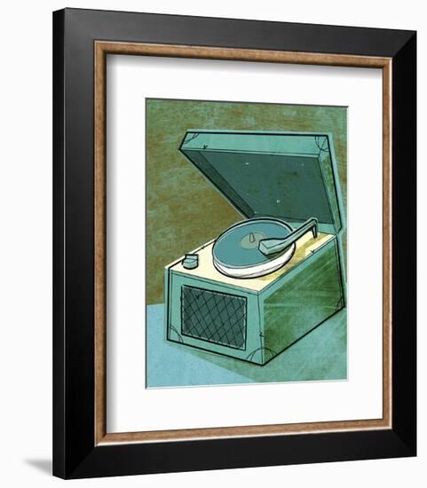 Old School Record Player in Aqua-John W^ Golden-Framed Art Print