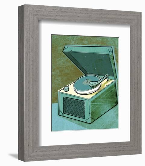 Old School Record Player in Aqua-John W^ Golden-Framed Art Print