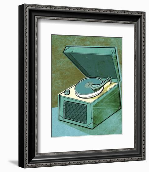 Old School Record Player in Aqua-John W^ Golden-Framed Art Print