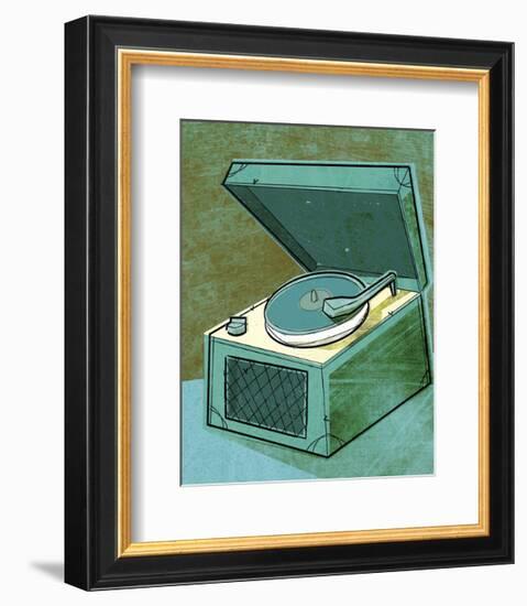 Old School Record Player in Aqua-John W^ Golden-Framed Art Print