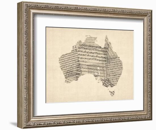 Old Sheet Music Map of Australia Map-Michael Tompsett-Framed Art Print