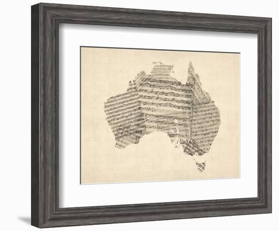 Old Sheet Music Map of Australia Map-Michael Tompsett-Framed Art Print