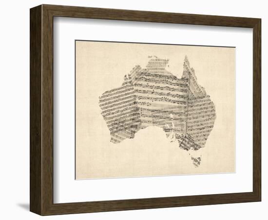 Old Sheet Music Map of Australia Map-Michael Tompsett-Framed Art Print