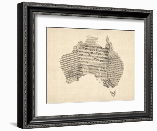 Old Sheet Music Map of Australia Map-Michael Tompsett-Framed Art Print