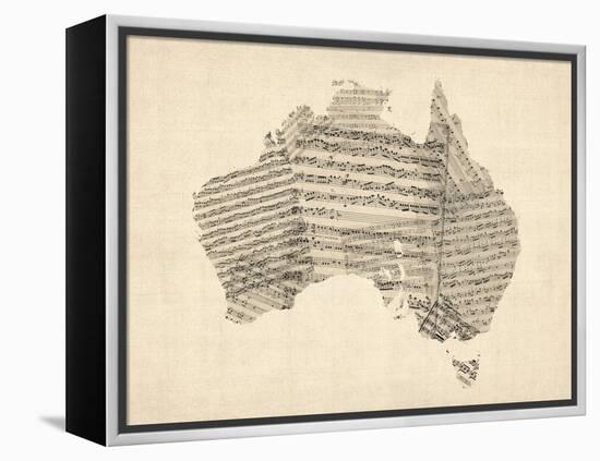 Old Sheet Music Map of Australia Map-Michael Tompsett-Framed Stretched Canvas