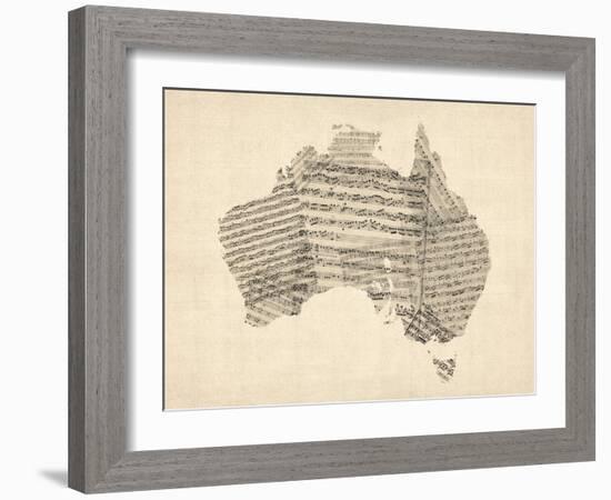 Old Sheet Music Map of Australia Map-Michael Tompsett-Framed Art Print