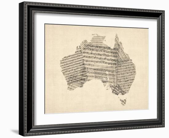 Old Sheet Music Map of Australia Map-Michael Tompsett-Framed Art Print