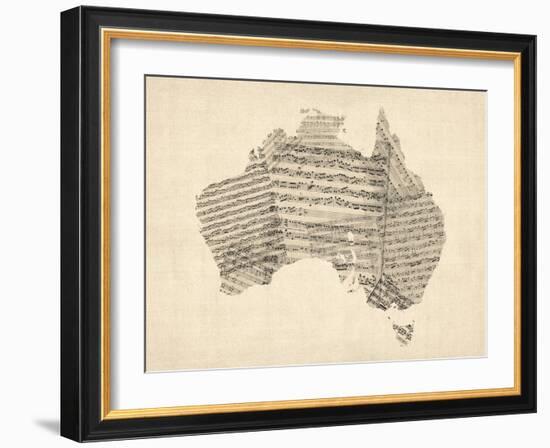 Old Sheet Music Map of Australia Map-Michael Tompsett-Framed Art Print