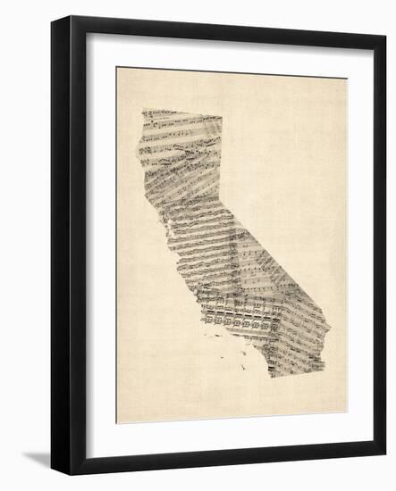 Old Sheet Music Map of California-Michael Tompsett-Framed Art Print