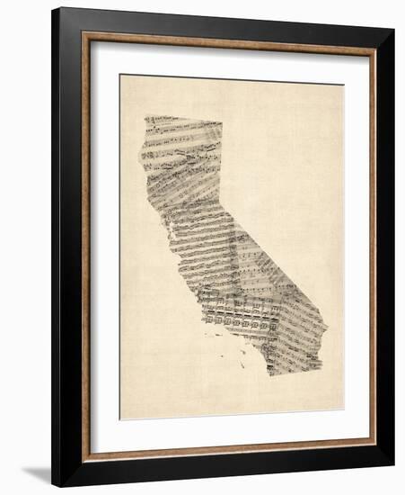 Old Sheet Music Map of California-Michael Tompsett-Framed Art Print