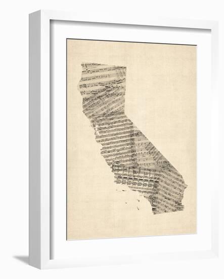 Old Sheet Music Map of California-Michael Tompsett-Framed Art Print