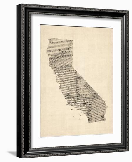 Old Sheet Music Map of California-Michael Tompsett-Framed Art Print