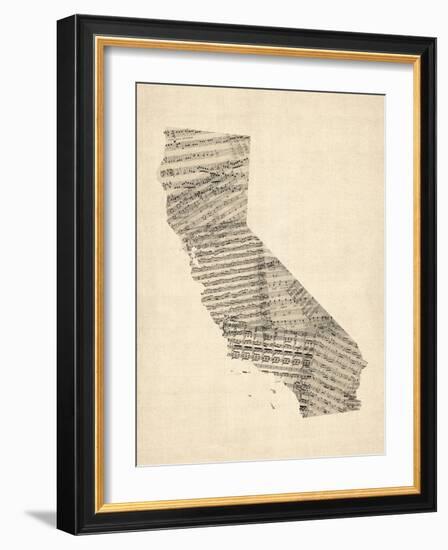 Old Sheet Music Map of California-Michael Tompsett-Framed Art Print