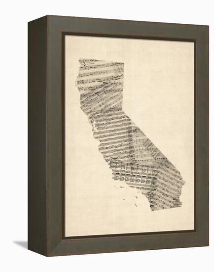 Old Sheet Music Map of California-Michael Tompsett-Framed Stretched Canvas