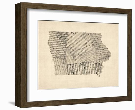 Old Sheet Music Map of Iowa-Michael Tompsett-Framed Art Print