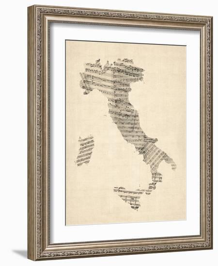 Old Sheet Music Map of Italy Map-Michael Tompsett-Framed Art Print
