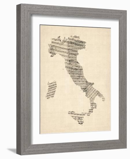 Old Sheet Music Map of Italy Map-Michael Tompsett-Framed Art Print