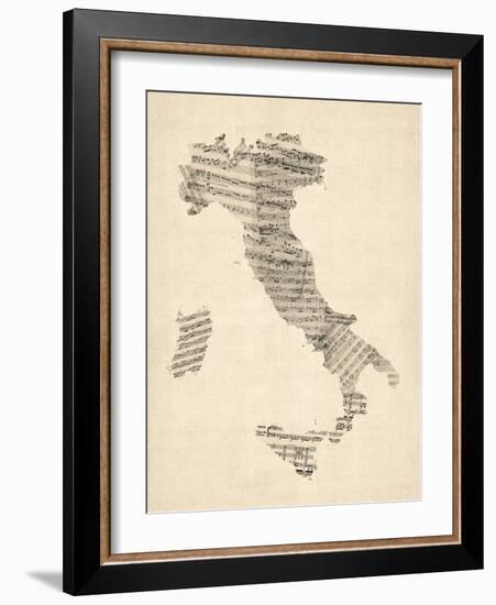 Old Sheet Music Map of Italy Map-Michael Tompsett-Framed Art Print