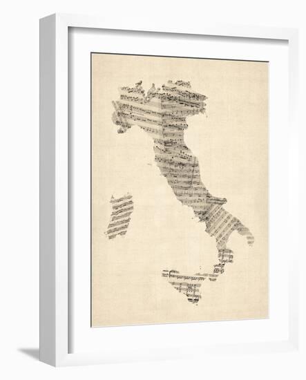 Old Sheet Music Map of Italy Map-Michael Tompsett-Framed Art Print
