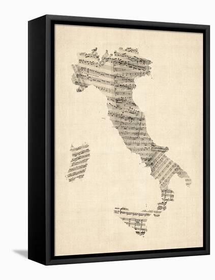 Old Sheet Music Map of Italy Map-Michael Tompsett-Framed Stretched Canvas