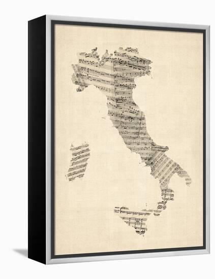 Old Sheet Music Map of Italy Map-Michael Tompsett-Framed Stretched Canvas