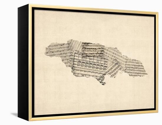 Old Sheet Music Map of Jamaica-Michael Tompsett-Framed Stretched Canvas