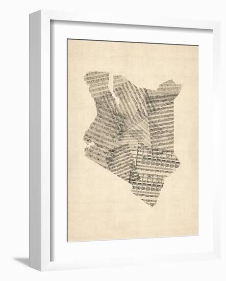 Old Sheet Music Map of Kenya Map-Michael Tompsett-Framed Art Print