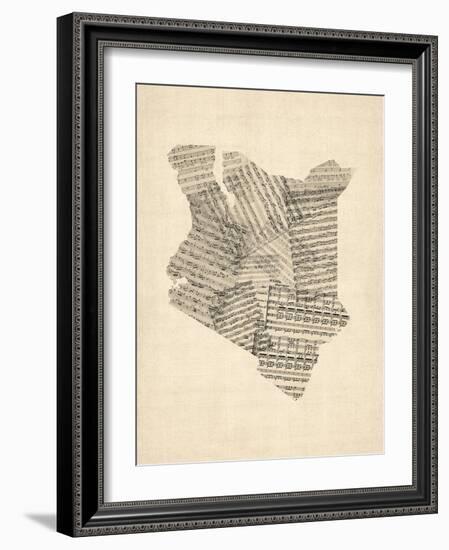 Old Sheet Music Map of Kenya Map-Michael Tompsett-Framed Art Print