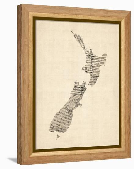 Old Sheet Music Map of New Zealand Map-Michael Tompsett-Framed Stretched Canvas